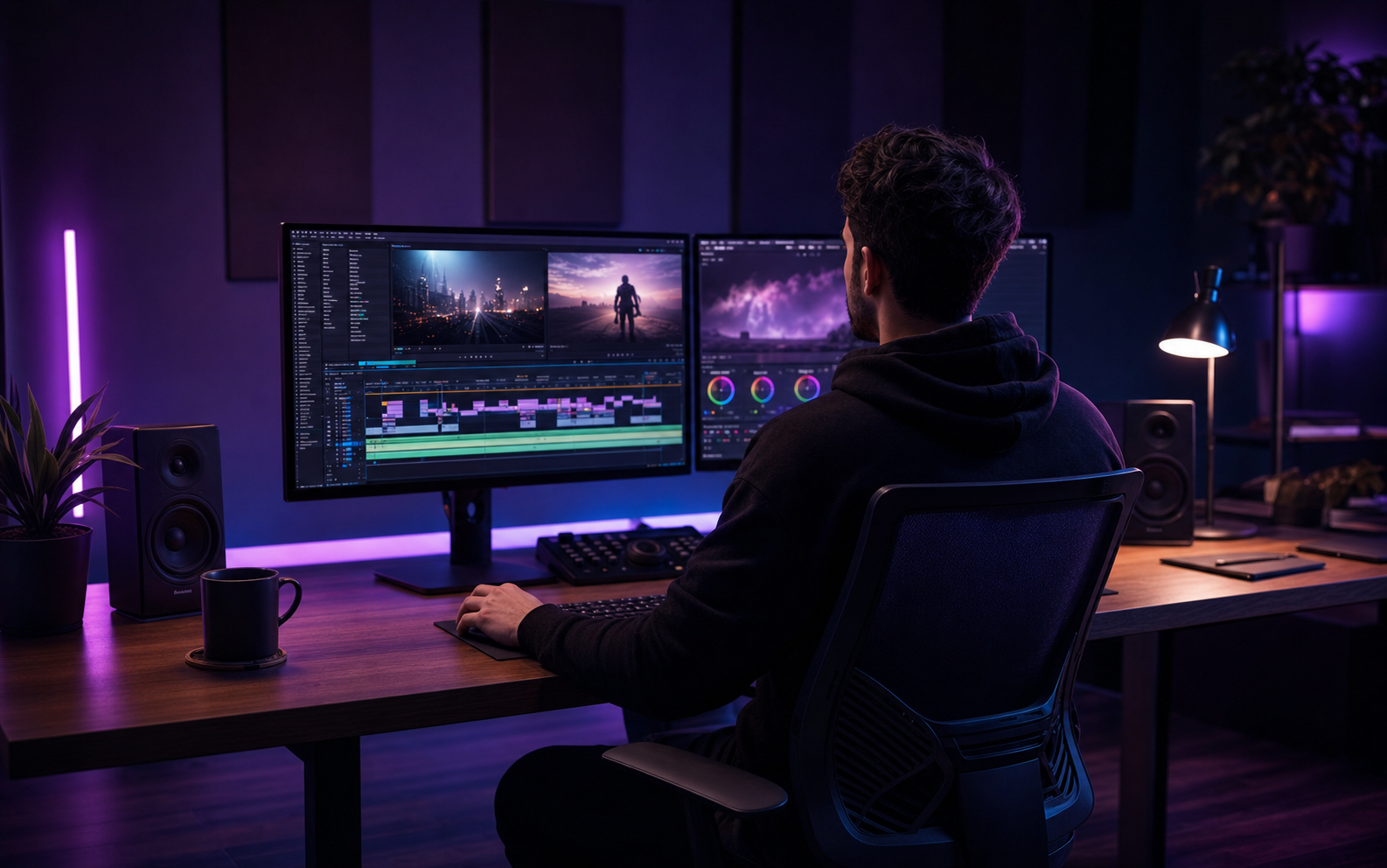 Video editor working at a dark studio desk with multiple monitors